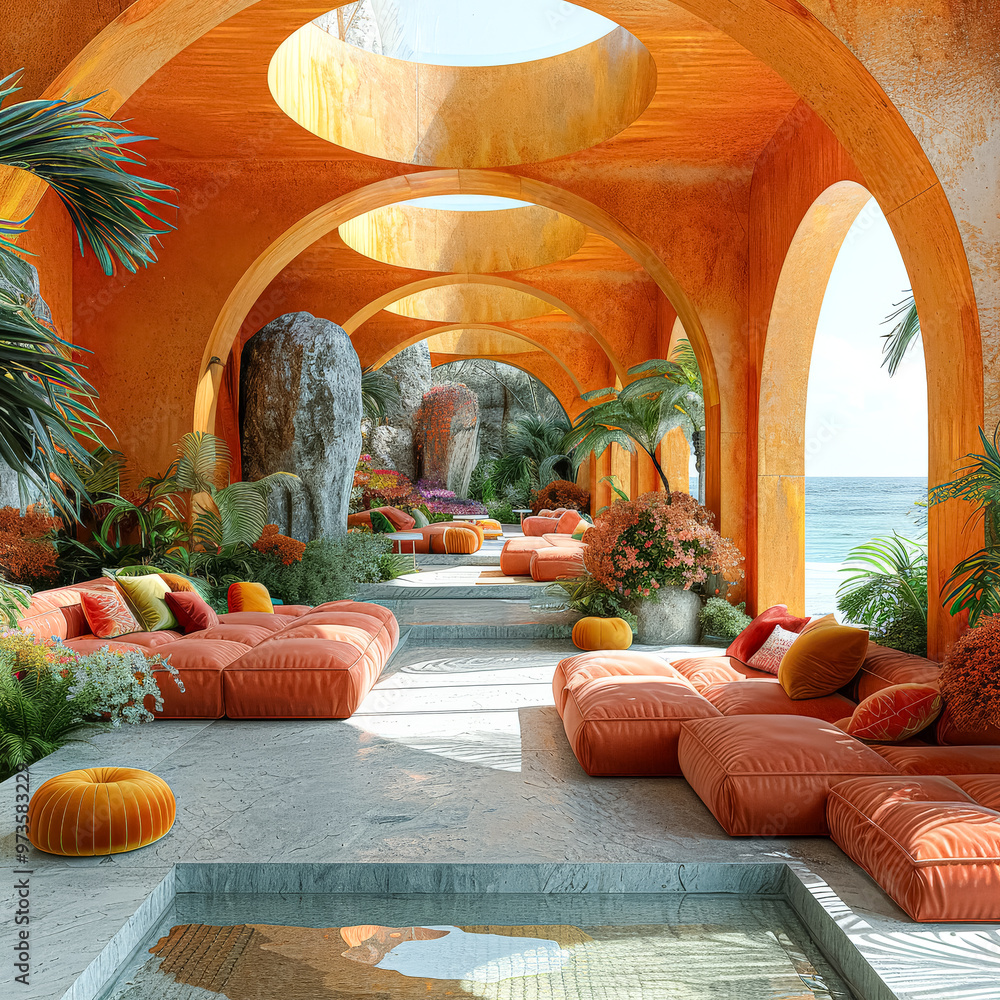 Poster a large, open space with a pool and a walkway