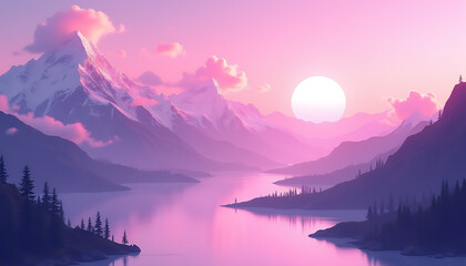 Pink and Purple Mountain Landscape with Clouds, Water, and Reflection Serene Nature Travel Scene in Sunset Light.
