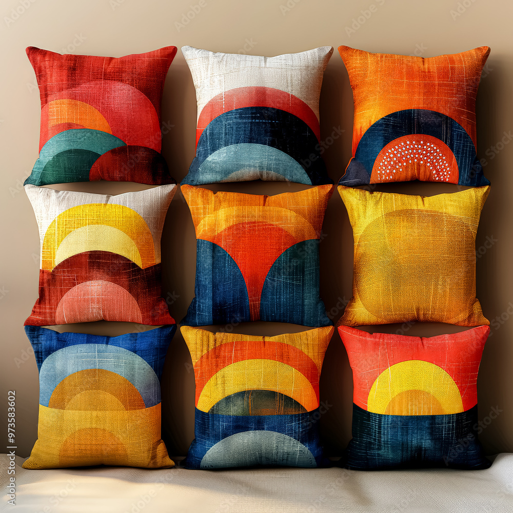 Poster a row of colorful pillows with a variety of shapes and sizes