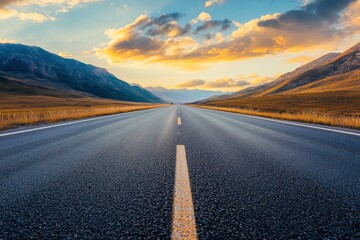 Fototapeta premium Asphalt highway road and mountain with sky clouds at sunset, ai