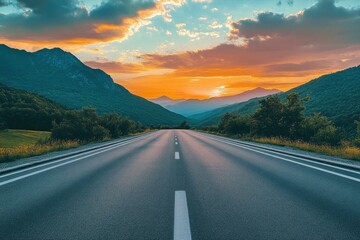 Asphalt highway road and mountain with sky clouds at sunset, ai