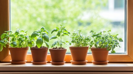 Fresh Potted Herbs on a Windowsill: Vibrant Green Leaves and Natural Light Highlight a Cozy and Inviting Home Garden Space with Room for Text