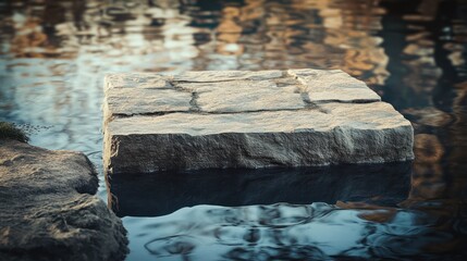 A square stone platform sits in the middle of a river.