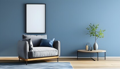 Cozy Minimalist Living Room Featuring Grey Armchair and Empty Art Wall Frame on Tranquil Blue Background