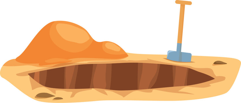 Cartoon illustration of a big hole dug in the ground with a shovel