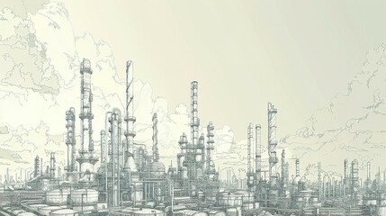 Obraz premium Detailed Ink Illustration of a Factory Complex with Multiple Tall Structures and Pipelines