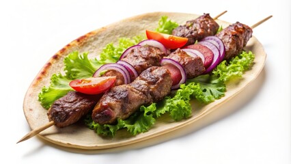 Lamb Kebab isolated on background, grilled, marinated, skewered, tasty, Mediterranean, BBQ, meal, food, delicious