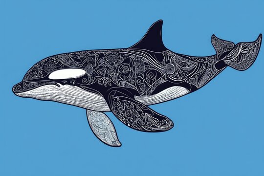 recommend clip art: Line art illustration of a hand drawn patterned killer whale against a blue backdrop Doodle of an orca