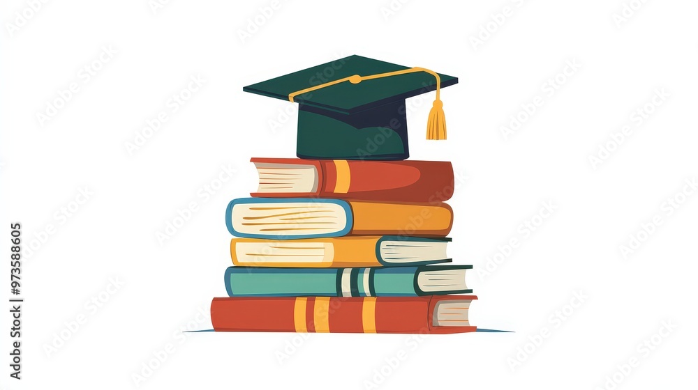Poster simple flat design featuring a stack of books in various colors, topped with a graduation cap. the i
