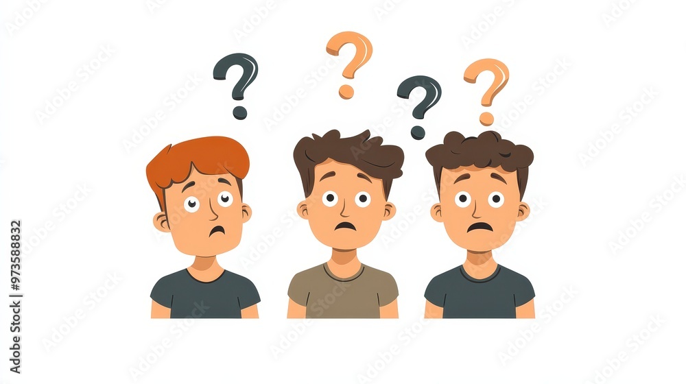 Poster three cartoon men illustration showing confusion and worry with question marks - minimalist 2d vecto