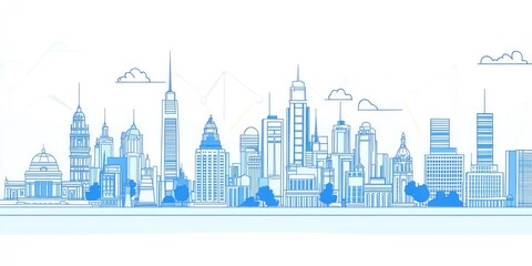 Line art illustration of a skyline featuring blue buildings and ample copy space Concept of business travel and tourism highlighting historic architecture Suitable for banners and websites