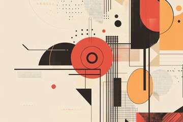 Abstract line art illustration featuring circular shapes decorative squares and triangles in a large vertical composition