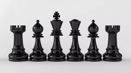 Nice 3d rendering of all six different chess pieces of black color standing in line