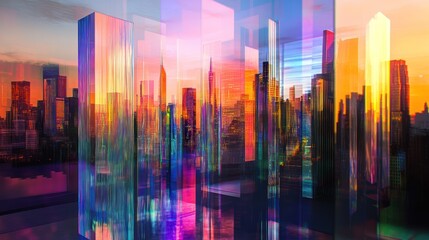 Abstract city skyline reflected in colorful glass panels.