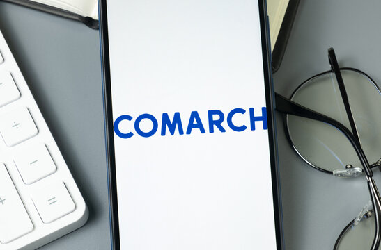 New York, USA - 30 August 2024: Comarch Logo on Phone Screen, Company Icon on Display