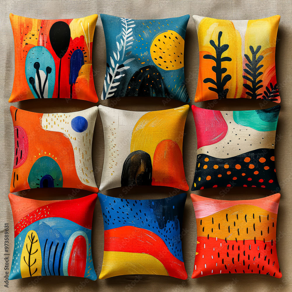 Poster a row of colorful pillows with a variety of shapes and sizes.