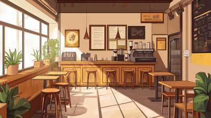 Anime style illustration of a retro style Japanese coffee shop interior with comfortable anime wooden furniture