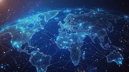 Fototapeta premium Abstract futuristic digital world map with glowing lines and points.