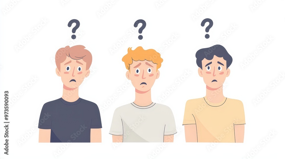 Poster puzzled men with question marks - minimalist vector illustration reflecting confusion and uncertaint