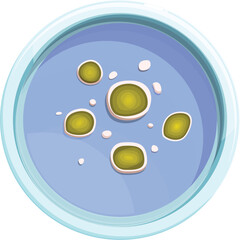 Cartoon style icon of a petri dish with colonies of bacteria growing on agar plate