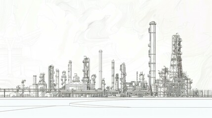 Detailed Line Drawing of an Industrial Refinery Complex