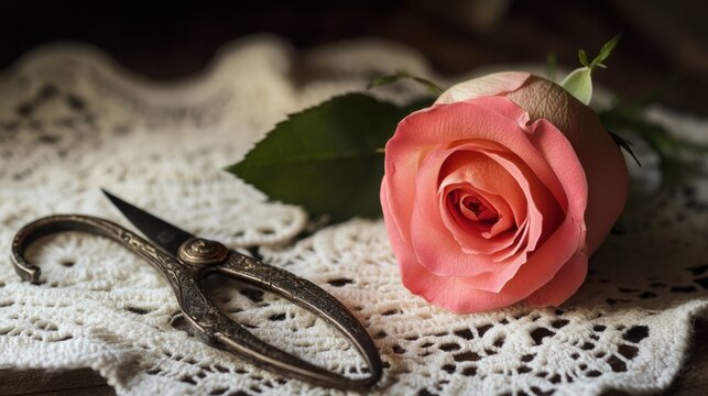 A close-up of a freshly cut rose placed next to a pair of vintage scissors on a lace doily
