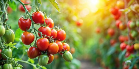 Obraz premium Tomatoes growing on vine in a lush garden setting , fresh, organic, red, ripe, juicy, agriculture, farm, summer, harvest