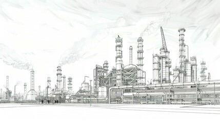 Obraz premium A Sketch of a Large Industrial Facility with Smoke Stacks and Piping