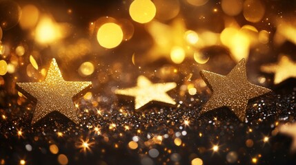 Glittering gold stars on a dark background with bokeh lights.