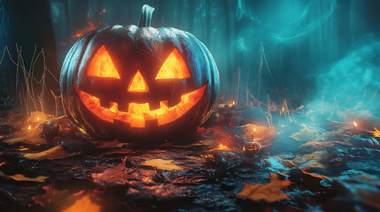 Naklejka premium A glowing jack-o'-lantern sits in a spooky forest, surrounded by fog and fallen leaves.