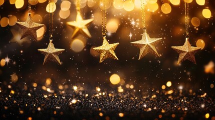 Naklejka premium Golden stars hanging on chains over sparkling glitter and bokeh lights.