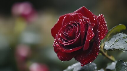 A close-up of raindrops on a dark red rose in a garden, with water droplets reflecting the surrounding landscape