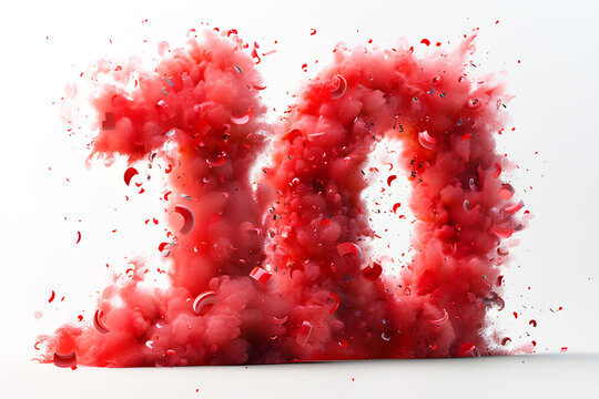 Character Number 10 ten percent with particles on abstract texture background. Number from red dust or smoke on white background. Realistic for advertising design clipart template pattern.
