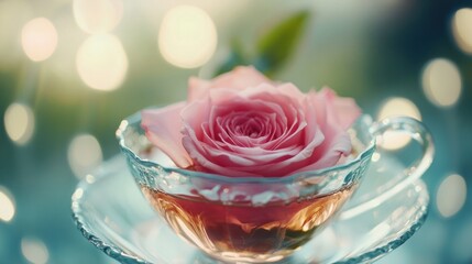 A delicate pink rose floating in a teacup of herbal tea, creating a peaceful and relaxing mood