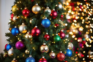 Obraz premium Vibrant Holiday Tree Decorated with Colorful Ornaments and Shimmering Bokeh Lights