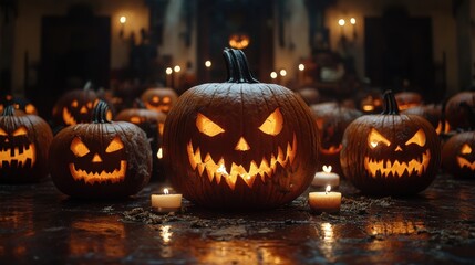 Fototapeta premium Spooky carved pumpkins glowing in a dimly lit Halloween setting.