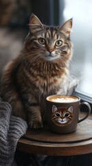 Beautiful Tabby Cat Sitting on a Table Next to a Delicious, Exquisite, Energizing, and Freshly Brewed Cup of Coffee.