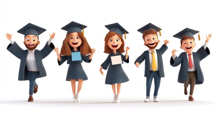 Five happy cartoon graduates in caps and gowns celebrate graduation.