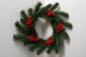 Charming Corner Display of Elegant Pine Sprigs and Vivid Red Winterberry Holly on White Canvas