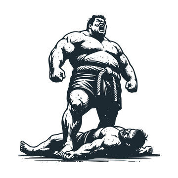 recommend clip art: The big great sumo player. Black white vector illustration.
                    