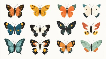 Whimsical Collection of 30 Colorful Cartoon Butterflies in Simple Flat Design on Transparent Background