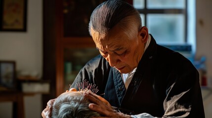 A healer using traditional methods like cupping and acupuncture on a patient, demonstrating ancient wisdom in healing