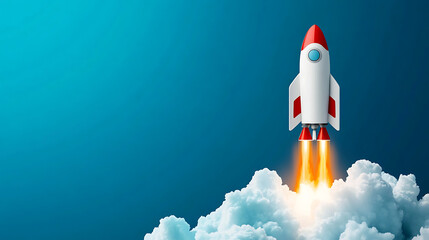 A red and white rocket blasts off through the clouds against a blue sky, representing a successful launch and growth.