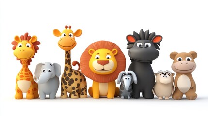 Naklejka premium Cute cartoon animals, including a giraffe, lion, elephant, hippopotamus, and monkey, standing in a row on a white background.