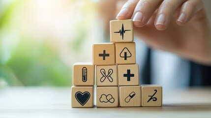 Hand placing wooden block with heartbeat symbol on top of a stack of blocks with medical symbols, green blurred background.