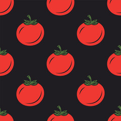 Vector Seamless Pattern with Whole Red Tomato on Black Background. Fresh Tomato Pattern for Textile, Paper and Home Decor. Tomato Print Design for Fabric. Tomato Illustration, Seamless Pattern