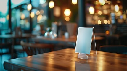 Blank Sign on a Wooden Table in a Restaurant