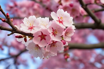 Obraz premium Delicate Cherry Blossom Flowers in Elegant Pink Shades on Isolated Branch in Spring