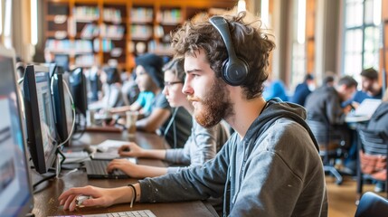 Obraz premium Diverse Students Learning Programming, Front-End and Back-End Development, Android App Development, and Other Technologies in a University Classroom.