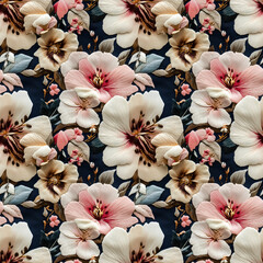 Illustration of nature flower. Seamless patterns in stumpwork embroidery style of floral.[B-0118]